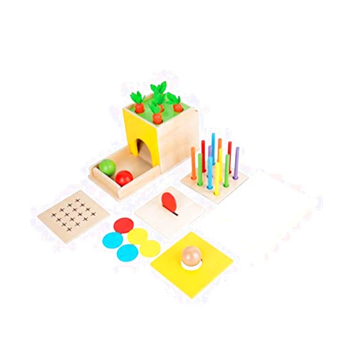 Adena Montessori 5 in 1 Wooden Montessori Play Kit Baby Toys,Object Permanence Box,Matchstick Color Drop,Cotton Swab Drop Game,Carrot Harvest and Coin Box for Kid 1 Year Old,Gift for Baby 6-12 Month