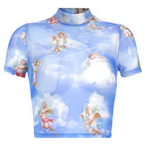 Susada Women T-Shirts Short Sleeve T-Shirts Turtleneck Crop Top Angel Cupid Print Sexy Sheer Mesh T-Shirt