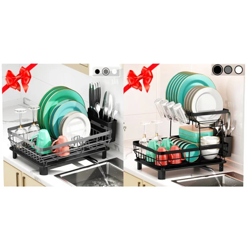 MOUKABAL 2-Tier Kitchen Dish Drying Rack with Removable Utensil Holder, Large Capacity Drying Rack with Drainboard for Kitchen Sink Counter (Black, Metal)