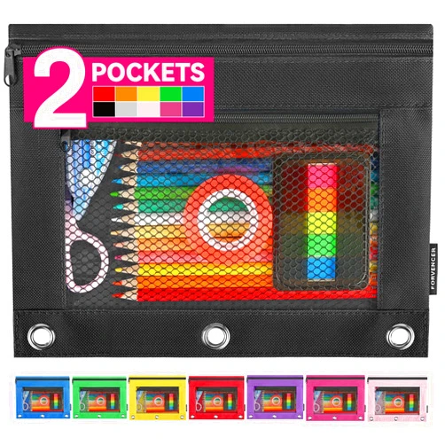 Forvencer Zippered Pencil Pouches for 3 Ring Binder, 2 Zippered Pockets, Binder Pouch with Smooth Zippers, Sturdy 3 Ring Pencil Case, Zipper Pencil Bag for School, Office & Home, Black