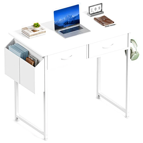 Sweetcrispy Computer Desk Small 32 Inch Home Office Bedroom Writing Study PC Table with Fabric Storage Drawers Space Side Bag Headphone Hook Metal Frame Adjustable Feet Modern Simple Style, White Wood