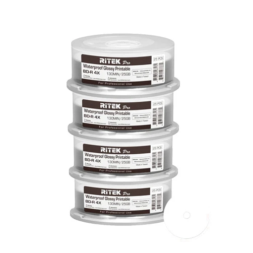 Ritek Pro 100 Pack Ritek Pro (Professional Grade) BD-R Blu-ray 4X 25GB Watershield Water Resistant Glossy White Inkjet Hub Printable Blank Recordable Disc