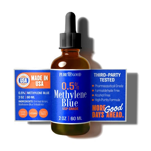 PureGood Pharmaceutical Grade Methylene Blue 0.5% (60 mL), Third-Party Tested USP-Grade for Humans, Formaldehyde and Alcohol Free Methylene Blue Pharmaceutical Grade in Amber Dropper Bottle