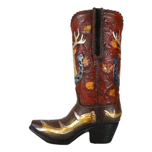 Ebros Gift Ebros Rustic Southwestern Western Deer Antlers Horseshoe Floral Scroll Art Cowboy Cowgirl Boot Decorative Figurine Or Floral Vase Planter Tooled Leather Finish Table Shelf Countertop Accent