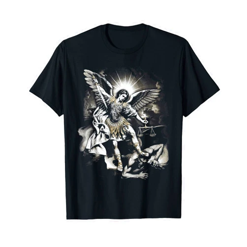 Funny Saint Michael Defend Us In Battle Tee Shirt Saint Michael Defeating Satan Archangel Warrior T-Shirt