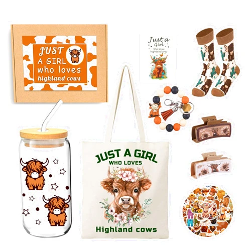 Hqvbvc 8Pcs Highland Cow Gifts for Women Highland Cow Tumblers Iced Coffe Cup with Straws Cow Themed Gifts Set for Cow Lovers Cow Socks Bags Keychain Stickers Cow Stuff for Coworker Teacher Gifts