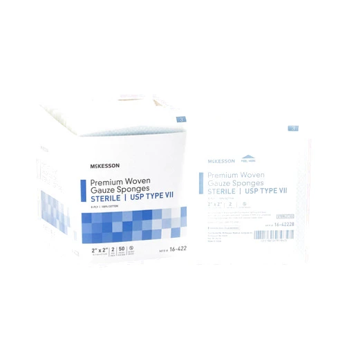 McKesson Premium Woven Gauze Sponges, Sterile, 8-Ply, USP Type VII, 100% Cotton, 2 in x 2 in, 2 per Pack, 50 Packs, 100 Total
