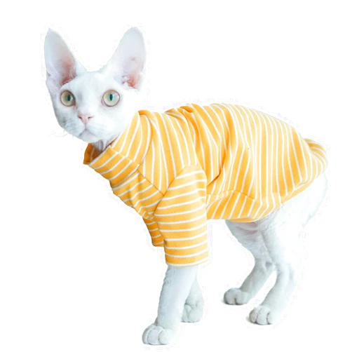 Kitipcoo Sphynx Cats Warm Fleece Shirt Cat Turtleneck Undershirt Thermal Hairless Cat Clothes for Sphynx, Devon, Cornish Cat Clothes and Small Kitten and Dogs (Yellow Bold Stripe, Small)