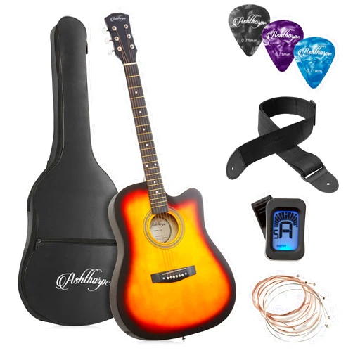 Ashthorpe 41-inch Beginner Cutaway Acoustic Guitar Package (Sunburst), Full Size Basic Starter Kit w/Gig Bag, Strings, Strap, Tuner, Picks