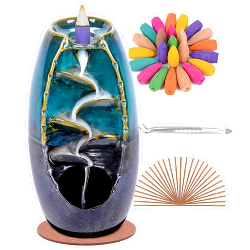 SPACEKEEPER Ceramic Backflow Incense Holder and Burner Waterfall, with 120 Backflow Incense Cones + 30 Incense Stick, Aromatherapy Ornament Home Decor, Blue Set