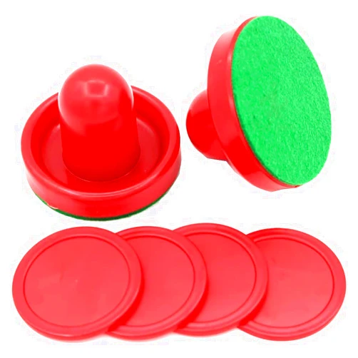 Kkrrammii 2 Sets Air Hockey Pusher and Puck Replacement Parts 60mm Red Striker Handles with Felt Pads and 51mm Red Round Pucks Air Hockey Table Accessories Plastic Mallet Goal Shooter Kit for Game Tables