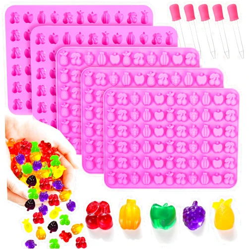 Mity rain 330-Cavity Fruit Snack Molds Silicone Bpa Free, Gummy Candy Molds Chocolate Molds With 5pcs Dropper For Kids, Including Mini Pineapple, Banana, Cherry, Apple, Grape Shape(Set Of 5)
