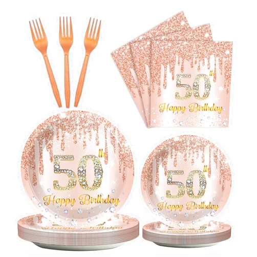 ZOIIWA 96 Pieces 50th Birthday Tableware Set for Pink Rose Gold 50th Birthday Table Decorations Supplies Pink Rose Gold Happy 50 Birthday Dessert Plates Napkins Forks for 24 Guests Women Birthday Supplies