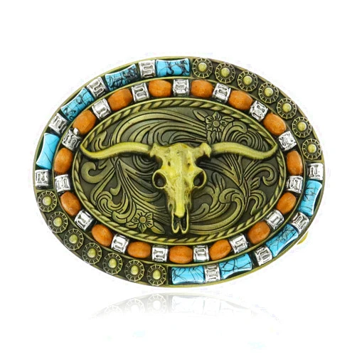 RechicGu Oval Long Horn Bull Skull Belt Buckle Native American Turquoise Wooden Beads Western Cowboy Buckles for Men Gift