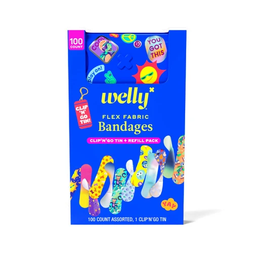 Welly Bandage Clip N' Go Tin & Refill Pack | Adhesive Flexible Fabric Bandages and Tin | Assorted Shapes and Patterns for Minor Cuts, Scrapes, and Wounds - 100 Count