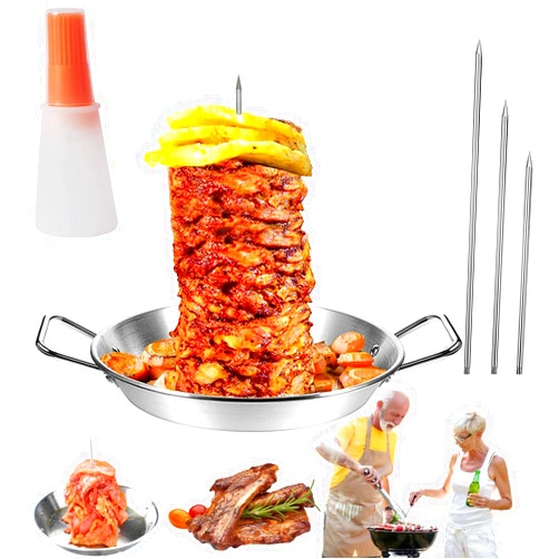 LONGLUAN Gyro Pan with Skewer,Chicken Shawarma Pan,Trompo Para Tacos Al Pastor,Shawarma Skewer Stand,Stainless Steel Vertical Skewer Pan for Tacos Al Pastor,Shawarma,Kebabs on Smoker,Oven,BBQ (Set-C, 9in)