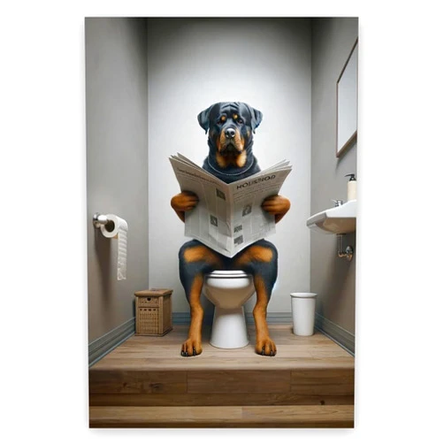 Generic Funny bathroom wall art Photograph of a Rottweiler reading the newspaper on the Toilet Animal Poster Canvas print Suitable for dog lovers' toilets decor 8x12inch Unframed