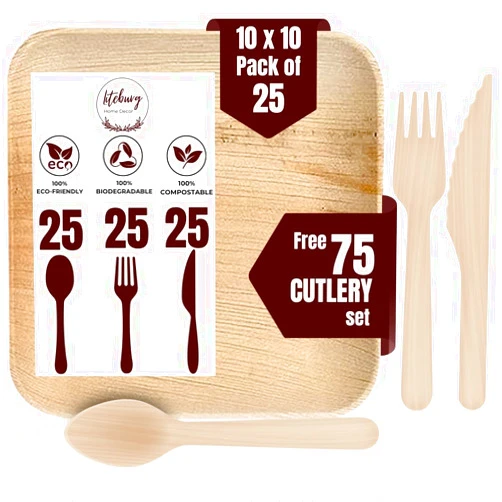 Liteburg Palm Leaf Plates 10 inch, 25 Bamboo Plates Disposable 100% Compostable Plates with 75pcs Cutlery Set | Strong, Biodegradable Square Wood Plates for Party, Weddings, Events
