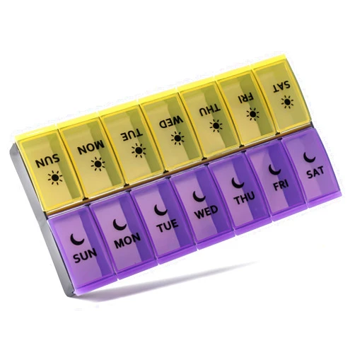 MODENGKONGJIAN Large Pill Organizer 2 Times a Day, Weekly Pill Case, AM PM Pill Box, Day Night Pill Container 7 Day, Vitamin Case Medicine Dispenser Twice a Day (Yellow & Purple)