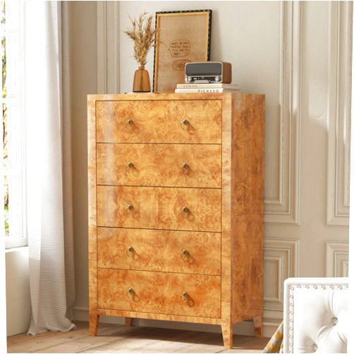 AMERLIFE 5-Drawer Dresser, 49'' Tall Mid-Century Modern Chest of Drawers in High Gloss Burl Wood, Yellow Storage Organizer with Anti-Tip for Bedroom, Living Room, Office, Entryway, Yellow