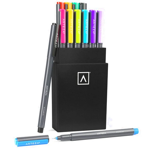 ARTEZA Micro-Line Ink Pens, Set of 12 Colorful Size 01 (0.25-mm) Fineliners, Archival Ink, Quick-Dry and Smear-Proof, Art Supplies for Artists, Illustrators, and Fine Media Artists