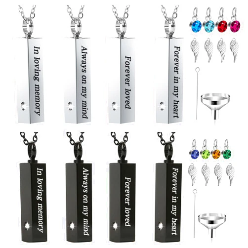 Olutacot 8 Pcs Urn Necklace For Ashes Urn Necklace Stainless Steel Cremation Jewelry For Women Men Cylinder Memorial Necklaces Keepsake Pendant With Funnel(Silver,Black)