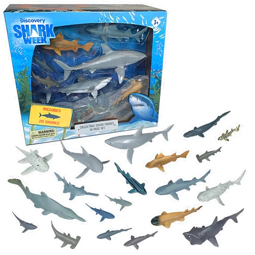 Shark Week Discovery - 20 Pieces Premium Collectable Shark Toy Playset, Great White Shark, Mako, Hammerhead, Goblin and More, Hand Painted, Detailed, Eco Friendly, Officially Licensed