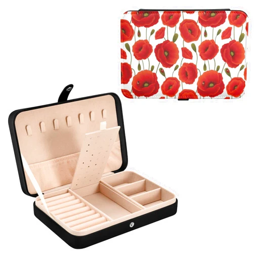 DOMIKING Red Poppy Flower PU Leather Jewelry Box Ring Necklace Organizers Gift for Women Girls Travel Jewelry Storage Display Case for Necklaces Bracelets Stud Earrings Rings