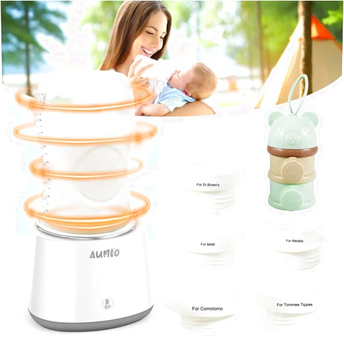 AUMIO Bottle Warmer, Portable Baby Bottle Warmer for Travel with 5 Adapters & Formula Dispenser, Rechargeable Bottle Warmer Cordless for Breastmilk Formula with Smart Temperature Control, Leak-Proof
