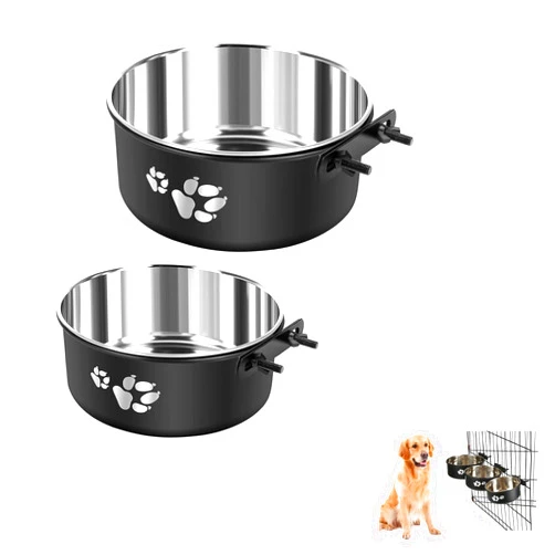 Levmoudra 2 Pack Stainless Steel Pet Bowls Anti-Spill Metal Feeder Food and Water Feeding Bowl, Hanging Cage Pet Crate Bowl for Puppy Kennel Medium and Large Pets (Black,M (5.5x2.2'' & 6.2x2.3''))