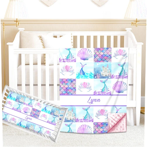 Noverbibi Personalized Baby Crib Bedding Sets for Baby Girls, Custom Crib Bedding Set with Name, Nursery Bedding, 2 Piece Crib Bedding Sets, Name Crib Comforter, Crib Fitted Sheets for Babies (Mermaid)