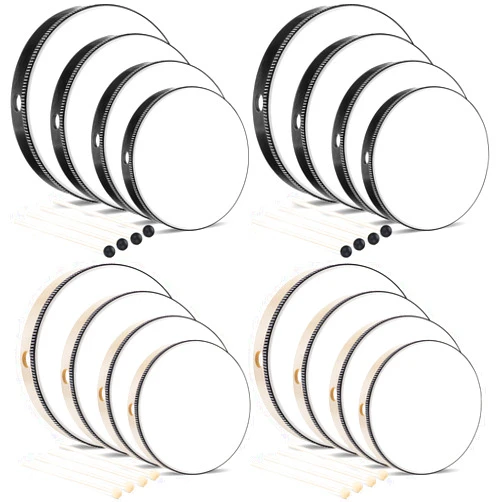 Konohan 16 Pcs Kids Hand Drums Wooden Frame Drum with Drum Stick, 12 Inch 10 Inch 8 Inch 6 Inch Educational Musical Instruments for Adults Drums Beginners for Home School Party Supplies (Black and Wood Color)