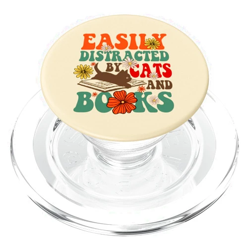 Groovy Cats And Book Lover Groovy Easily Distracted by Cats and Books Cute Book Lover PopSockets PopGrip for MagSafe