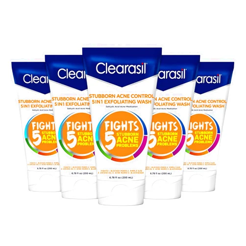 Clearasil Stubborn Acne Control 5in1 Exfoliating Wash 6.78 fl. oz., Reduces Blocked Pores, Pimple S (Pack of 5),6.78 Fl Oz (Pack of 5)