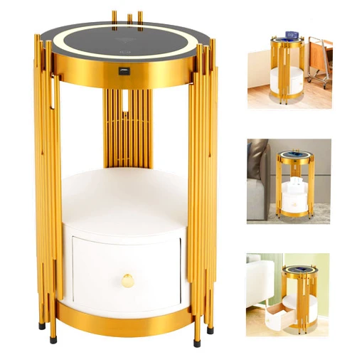 Mkyiongou Dimmable Led Nightstand Gold with White Drawers, Round End Table with USB & AC Port Wireless Charging Station, Bedside Table/Side Table for Bedroom/Living Room/Coffee Table Storage