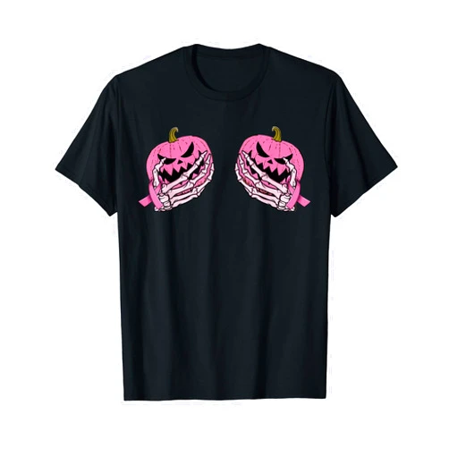 Breast Cancer Awareness Skeleton Hands Women Girls Skeleton Hand Pink Ribbon Halloween Breast Cancer Pumpkin T-Shirt
