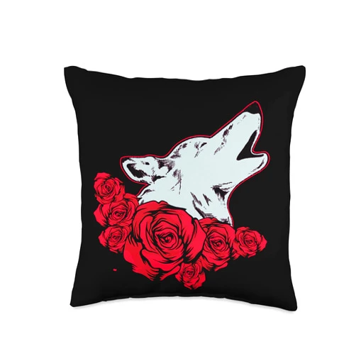 Pack Of Wolves Predator Animal Wolf Moonlight Floral Wolf Portrait Pack Animal Flowers Predator Rose Wolf Throw Pillow
