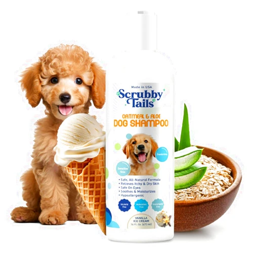 Scrubby Tails Organic Dog Shampoo - Puppy Oatmeal Shampoo for Itchy Skin Relief - Hypoallergenic for Sensitive Skin & Newborns, Deodorizes Smelly Dogs, Tearless, Made in USA, 16oz (Vanilla Ice Cream)
