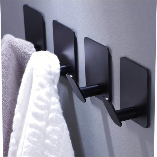 DELITON Adhesive Hooks - 4 Pack Towel/Coat Hooks Wall Hooks Stick on Bathroom or Kitchen (Matte Black, Stainless Steel)