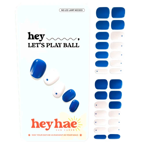 Heyhae Semi Cured Gel Nail Strips | No LED Lamp Needed | Solid, Blue, Spring | Easy Apply & Remove, Salon Quality | Includes 28 Strips, 1 Prep Pads, Nail File & Wooden Stick - Hey, Let's Play Ball