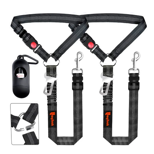 Laqibak Removable Dog Seat Belt Harness for Car, 3 in 1 Pet Dog Car Seatbelt Leash, Retractable Restraint Secures to Vehicle Headrest & Adjustable Reflective Bungee Dog Seatbelt Tether with Poop Bag Holder