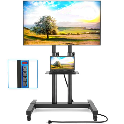 Rfiver Upgraded Mobile TV Stand with Power Outlet for 32-85 Inch TVs, Heavy Duty Rolling TV Cart on Wheels up to 132 lbs, Height Adjustable Portable TV Stand with AV Shelf for Bedroom, Home, Office