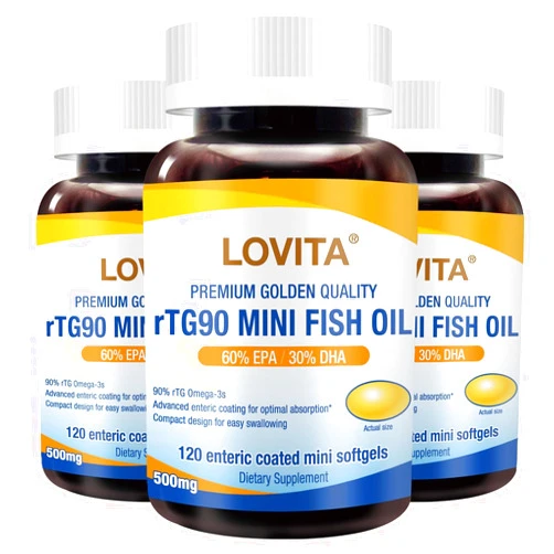 Lovita rTG 90 Mini Fish Oil, 2000mg Daily| High Absorption rTG Form, 90% Omega-3 | Burpless, Easy to Swallow | Support Healthy Heart, Brain and Eyes | 120 Enteric-Coated Softgels (Pack of 3)