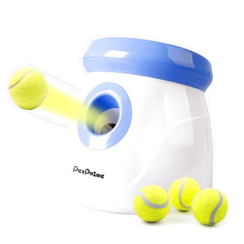 Pet Prime Automatic Dog Ball Thrower Launcher for Small and Medium Dogs, Interative Dog Fetch Machine with 3 Tennis Balls (2'') for Indoor/Outdoor Throwing Game Launch Distance 10-30ft