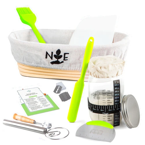 Nurtured Effect Sourdough Starter Kit - Complete Sourdough Kit with Glass Sourdough Starter Jar, Natural Rattan Banneton Bread Proofing Basket, Bread Lame & More Sourdough Bread Baking Supplies (Oval)