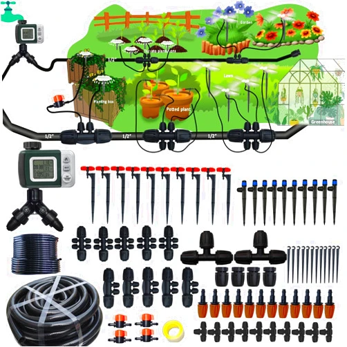 FesmTek 160Ft Drip Irrigation System with Water Timer for Garden, Main Water Hose ID 1/2inch 30Ft, 1/4in 130Ft, Sufficient Water Pressure, Irrigation Dripper Waterflow Evenly, Easy DIY Garden Watering System