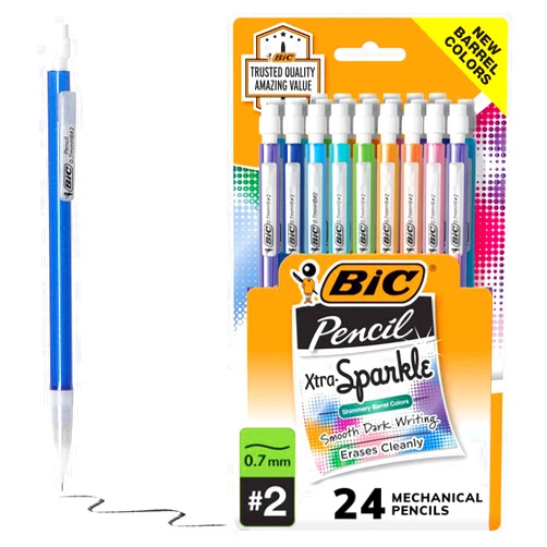 BIC Xtra-Sparkle Number 2 Mechanical Pencils With Erasers (MPLP241-BLK), Medium Point (0.7mm), 24-Count Pack, Cute Mechanical Pencils For Girls, Boys and Adults (Barrel Colors May Vary)