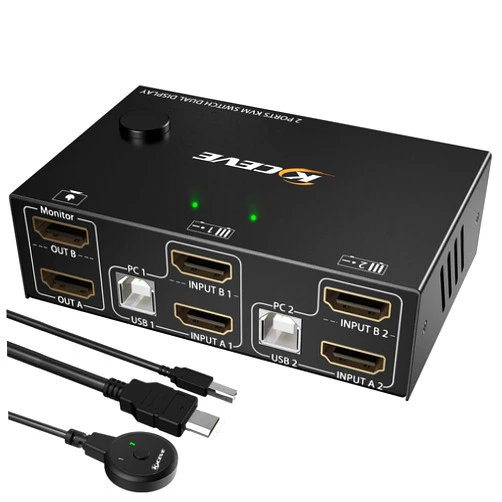 MLEEDA Dual Monitor KVM Switch HDMI 2 Port 4K@60Hz,MLEEDA USB HDMI Extended Display Switcher for 2 Computers Share 2 Monitors and 4 USB 2.0 Hub,Desktop Controller and USB HDMI Cables Included