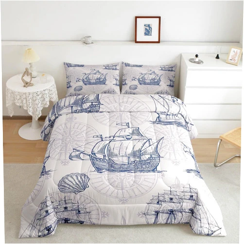 Erosebridal Nautical Comforter Set Sailboat Down Comforter Queen,Blue White Vintage Style Quilted Duvet Set Luxury Anchor Crab Pattern Bedding Insert Set for Kids, Adult Teen Boys Girls Bedroom Ocean Beach Decor