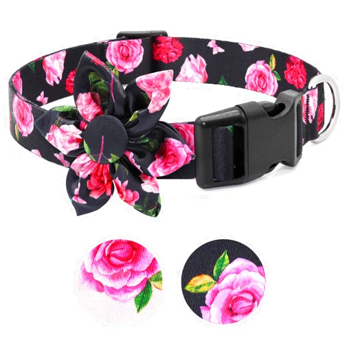 BiPawTi Flower Dog Collar Medium with Bloom Decoration, Soft Floral Collar Dog, Cute Spring Summer Collar Pretty Dog Collars for Female Dogs Girl Boy Male (Black, M)